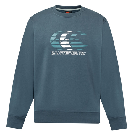 The Canterbury EVERYDAY GFX CREW SWEATER features a blue design with white and teal logo plus "Canterbury" text on the front—ideal for daily wear.