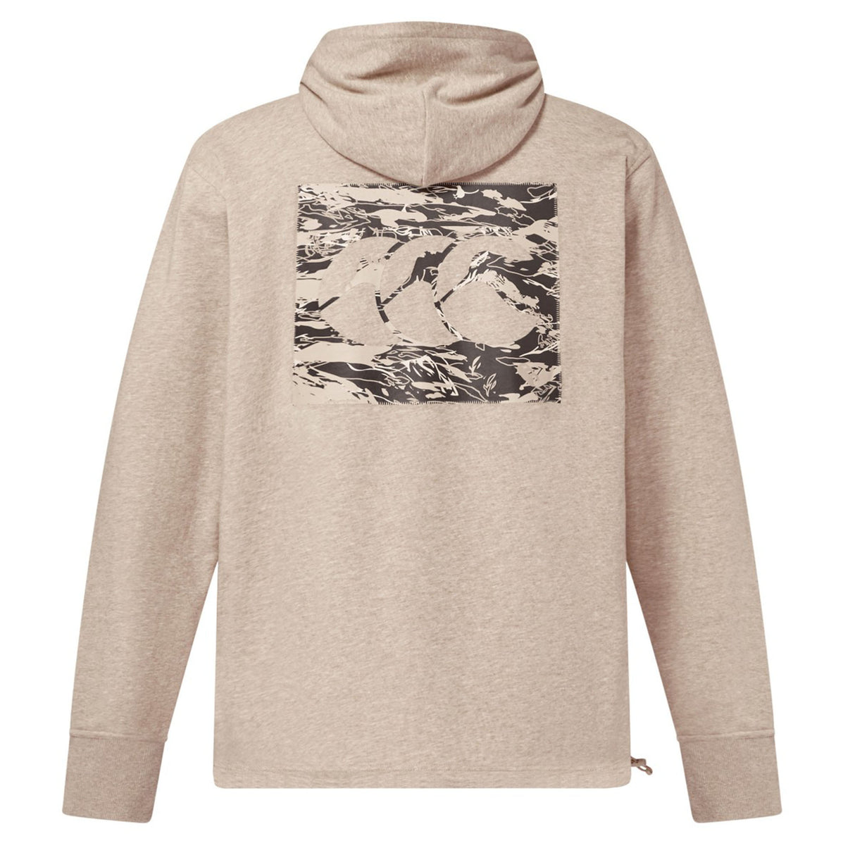 The Canterbury FORCE HOODIE is a beige athletic hoodie with long sleeves, a drawstring hem, and a black and white abstract graphic printed on the upper back.