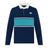 The Canterbury Stripe Rugby Jersey by Canterbury features long sleeves, a navy base with a light blue horizontal chest stripe, a white collar, and a white logo on the upper left side.