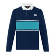The Canterbury Stripe Rugby Jersey by Canterbury features long sleeves, a navy base with a light blue horizontal chest stripe, a white collar, and a white logo on the upper left side.