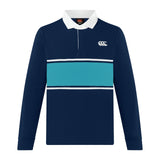 The Canterbury Stripe Rugby Jersey by Canterbury features long sleeves, a navy base with a light blue horizontal chest stripe, a white collar, and a white logo on the upper left side.