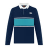 The Canterbury Stripe Rugby Jersey by Canterbury features long sleeves, a navy base with a light blue horizontal chest stripe, a white collar, and a white logo on the upper left side.