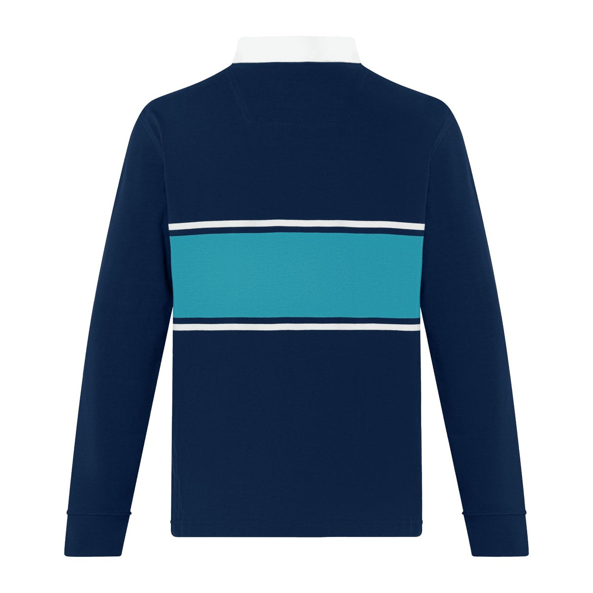 The Canterbury Stripe Rugby Jersey by Canterbury features navy blue fabric, a white collar, and a wide turquoise stripe bordered by thin white stripes across the chest and back.