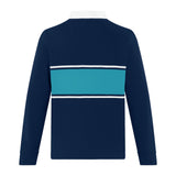 The Canterbury Stripe Rugby Jersey by Canterbury features navy blue fabric, a white collar, and a wide turquoise stripe bordered by thin white stripes across the chest and back.