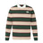 The Canterbury Stripe Rugby Jersey by Canterbury features wide beige and dark green stripes, thin red stripes, a white collar, and a white chest logo.