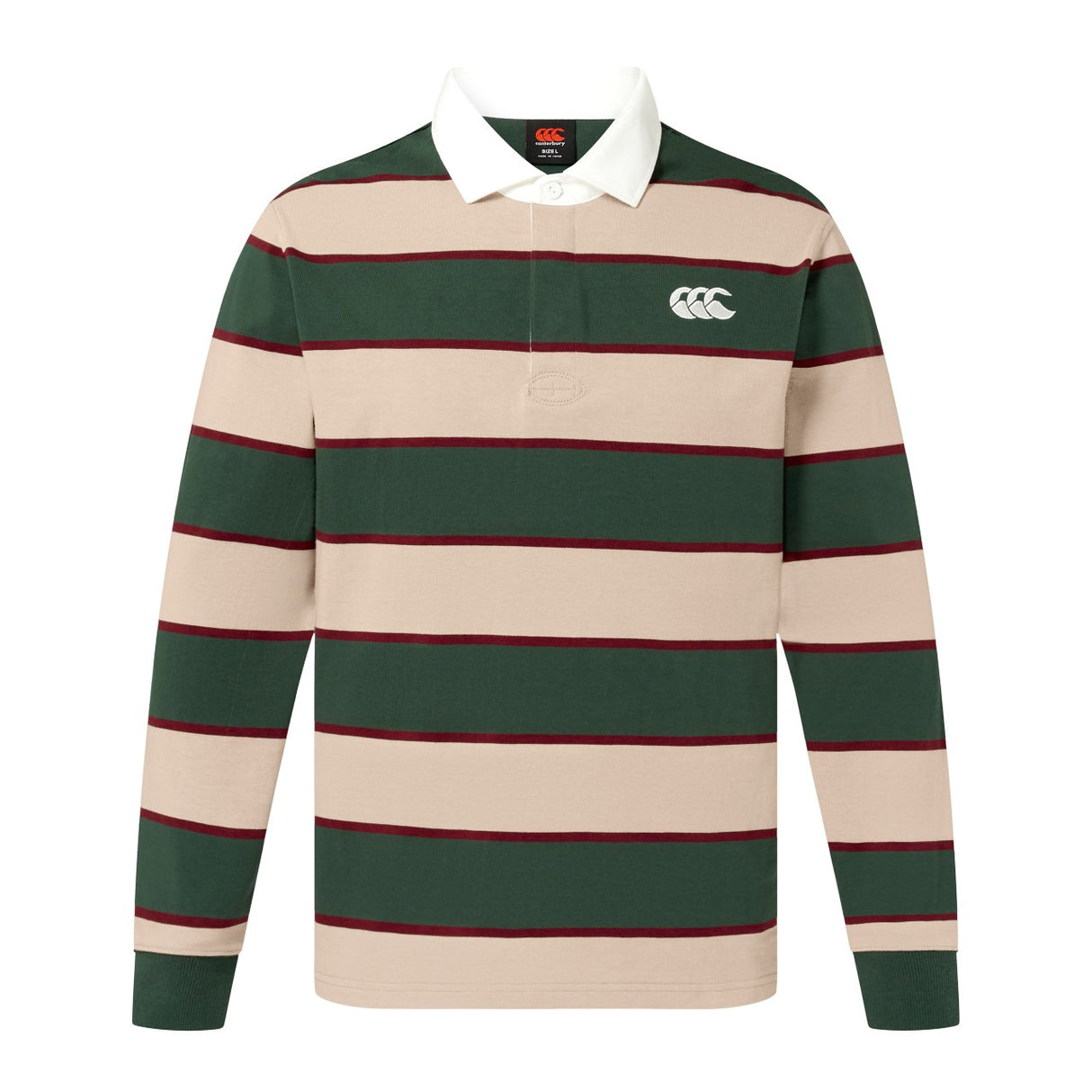 The Canterbury Stripe Rugby Jersey by Canterbury features wide beige and dark green stripes, thin red stripes, a white collar, and a white chest logo.