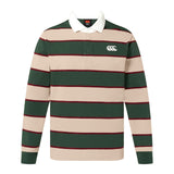 The Canterbury Stripe Rugby Jersey by Canterbury features wide beige and dark green stripes, thin red stripes, a white collar, and a white chest logo.