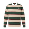 The Canterbury Stripe Rugby Jersey by Canterbury features wide beige and dark green stripes, thin red stripes, a white collar, and a white chest logo.