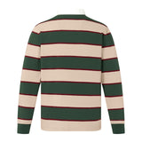 The Canterbury Stripe Rugby Jersey by Canterbury features wide beige and dark green horizontal stripes with thin maroon lines, shown from the back in a long-sleeve design.