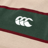 The Canterbury Stripe Rugby Jersey, in beige and green, features a white embroidered Canterbury rugby logo at the center.