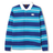 The Canterbury Stripe Rugby features blue and turquoise stripes, a white collar, and a left chest logo. Made from durable cotton, it offers lasting comfort and classic rugby style.