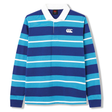 The Canterbury Stripe Rugby features blue and turquoise stripes, a white collar, and a left chest logo. Made from durable cotton, it offers lasting comfort and classic rugby style.