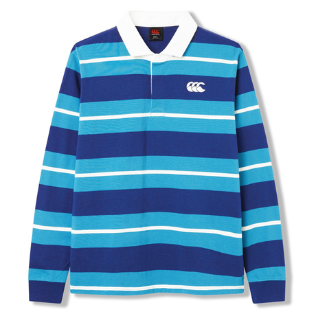 The Canterbury Stripe Classic Rugby Jersey by Canterbury features blue, navy, and turquoise stripes, a white collar, and left chest logo. Made from a durable cotton blend for lasting comfort.