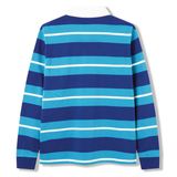 The Stripe Rugby by Canterbury is pictured from the back, featuring bold blue, teal, and white horizontal stripes with a contrasting white collar. This durable cotton rugby shirt showcases classic Canterbury style.