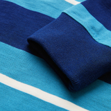 Close-up of the Canterbury Stripe Rugby shirt, highlighting its durable cotton fabric, classic blue and white stripes, and detailed cuff—showcasing iconic Canterbury style.