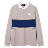 The Canterbury Stripe Rugby Jersey features a white collar, light grey body, navy blue horizontal stripe, and a white logo on the chest—a durable cotton shirt for classic style.