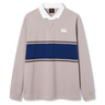 The Canterbury Stripe Rugby Jersey features a white collar, light grey body, navy blue horizontal stripe, and a white logo on the chest—a durable cotton shirt for classic style.