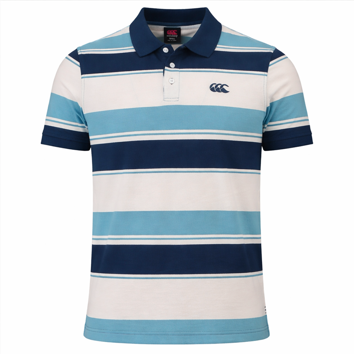 The Canterbury Yarn Stripe Polo by Canterbury features short sleeves, blue, white, and navy horizontal stripes, a classic collar, and a button placket for timeless rugby style.