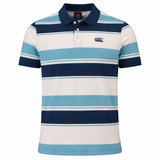 The Canterbury Yarn Stripe Polo by Canterbury features short sleeves, blue, white, and navy horizontal stripes, a classic collar, and a button placket for timeless rugby style.