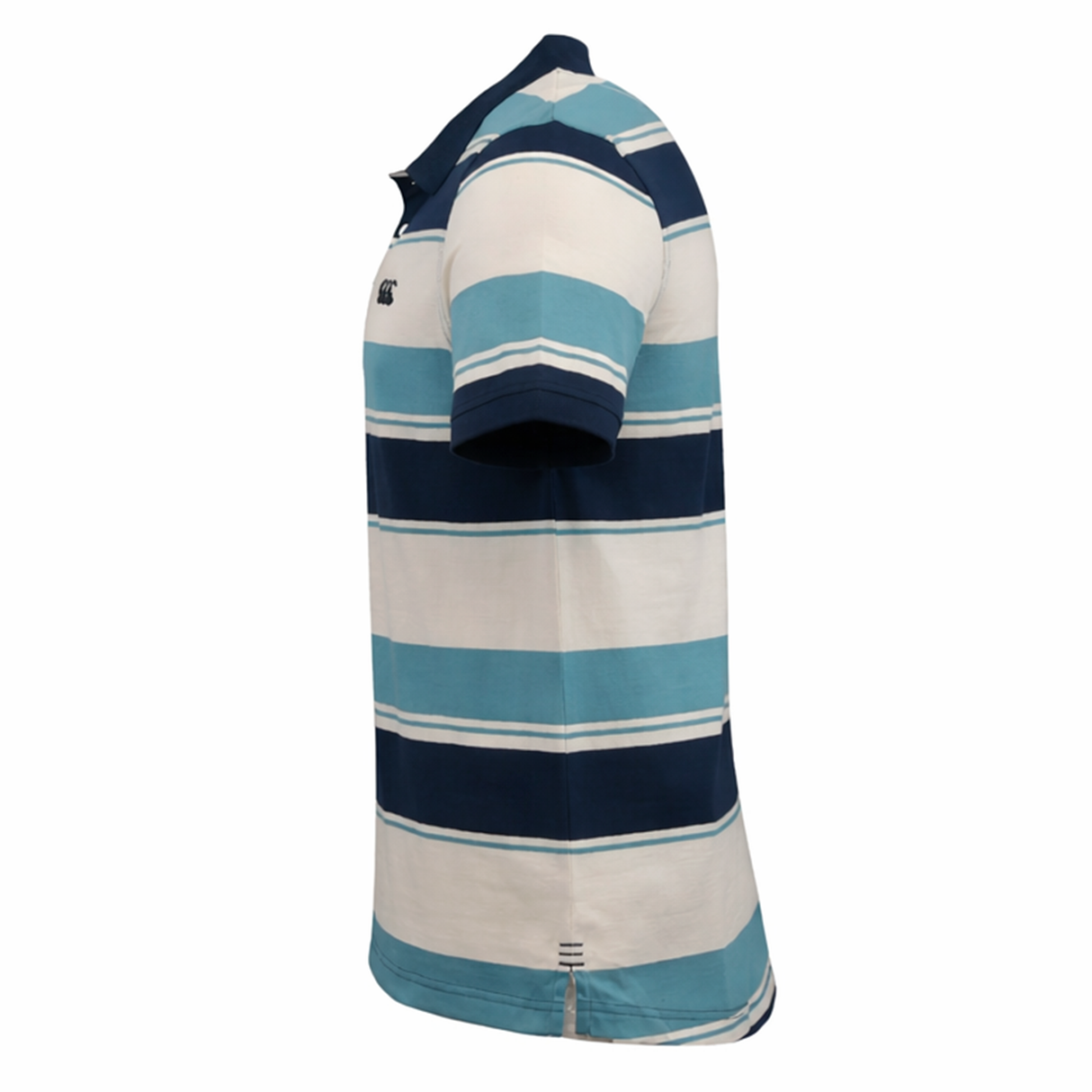 Side view of the Canterbury Yarn Stripe Polo by Canterbury, showcasing short sleeves, a classic rugby style with horizontal blue, navy, and white stripes, a collar, and a small chest logo.