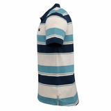 Side view of the Canterbury Yarn Stripe Polo by Canterbury, showcasing short sleeves, a classic rugby style with horizontal blue, navy, and white stripes, a collar, and a small chest logo.
