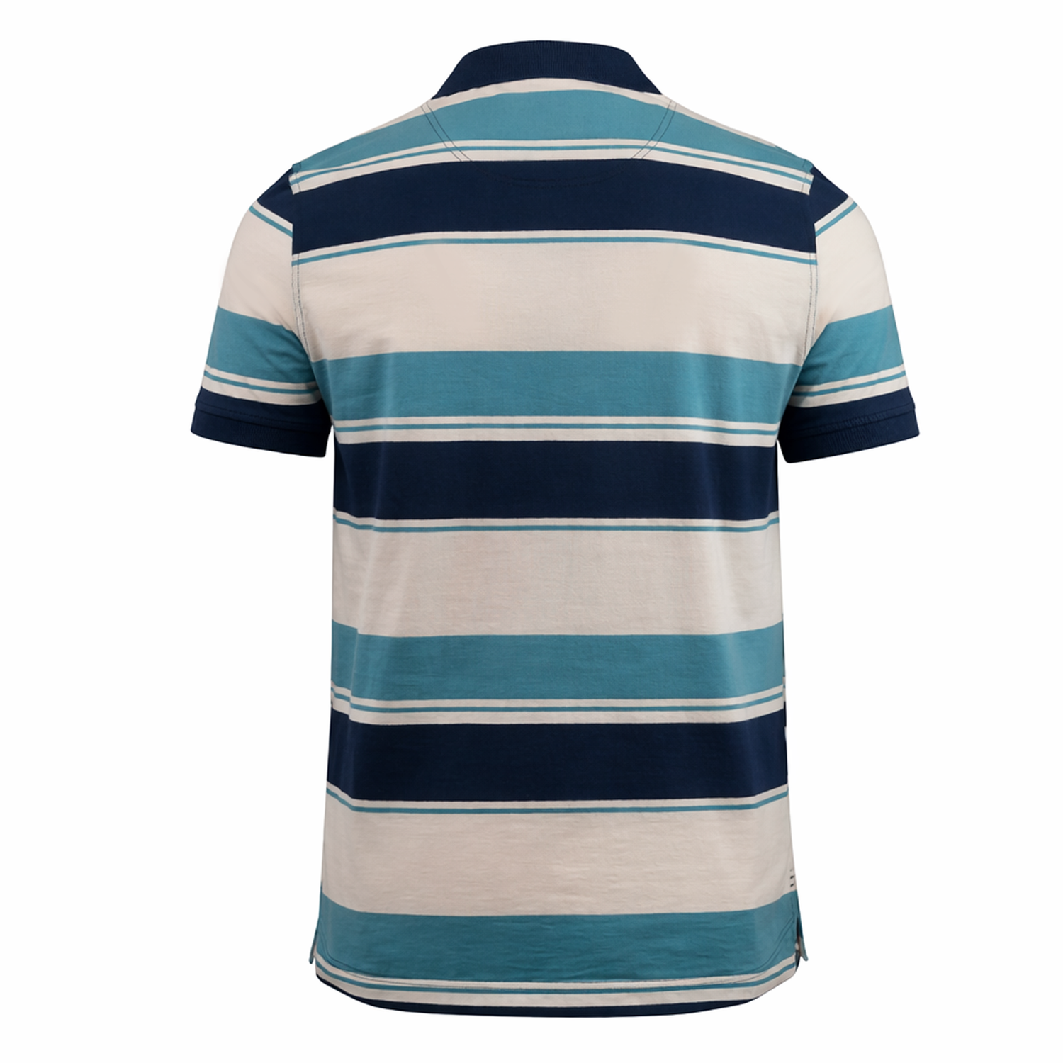 The Canterbury Yarn Stripe Polo by Canterbury features short sleeves and horizontal navy, teal, and off-white stripes for a classic rugby look, shown from the back.
