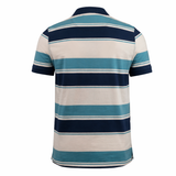 The Canterbury Yarn Stripe Polo by Canterbury features short sleeves and horizontal navy, teal, and off-white stripes for a classic rugby look, shown from the back.