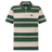 The Canterbury Yarn Stripe Polo by Canterbury features green and beige stripes, a collared short-sleeve design, three buttons, and an embroidered logo on the left chest for a classic rugby-inspired style.