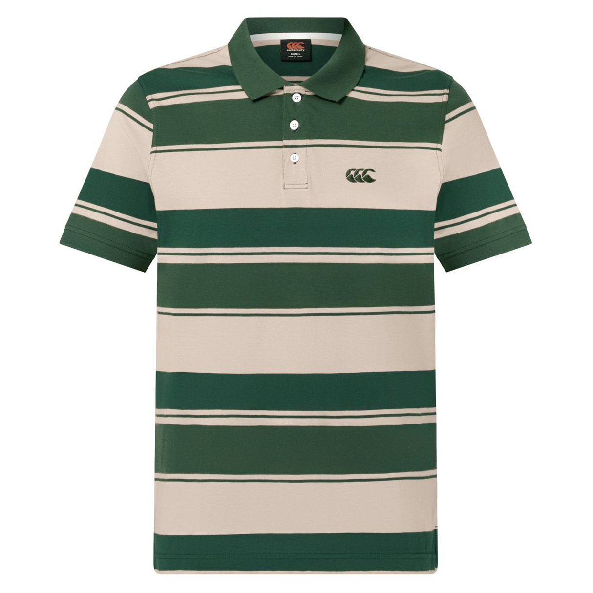 The Canterbury Yarn Stripe Polo by Canterbury features green and beige stripes, a collared short-sleeve design, three buttons, and an embroidered logo on the left chest for a classic rugby-inspired style.