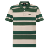 The Canterbury Yarn Stripe Polo by Canterbury features green and beige stripes, a collared short-sleeve design, three buttons, and an embroidered logo on the left chest for a classic rugby-inspired style.