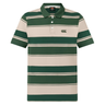 The Canterbury Yarn Stripe Polo by Canterbury features green and beige stripes, a collared short-sleeve design, three buttons, and an embroidered logo on the left chest for a classic rugby-inspired style.