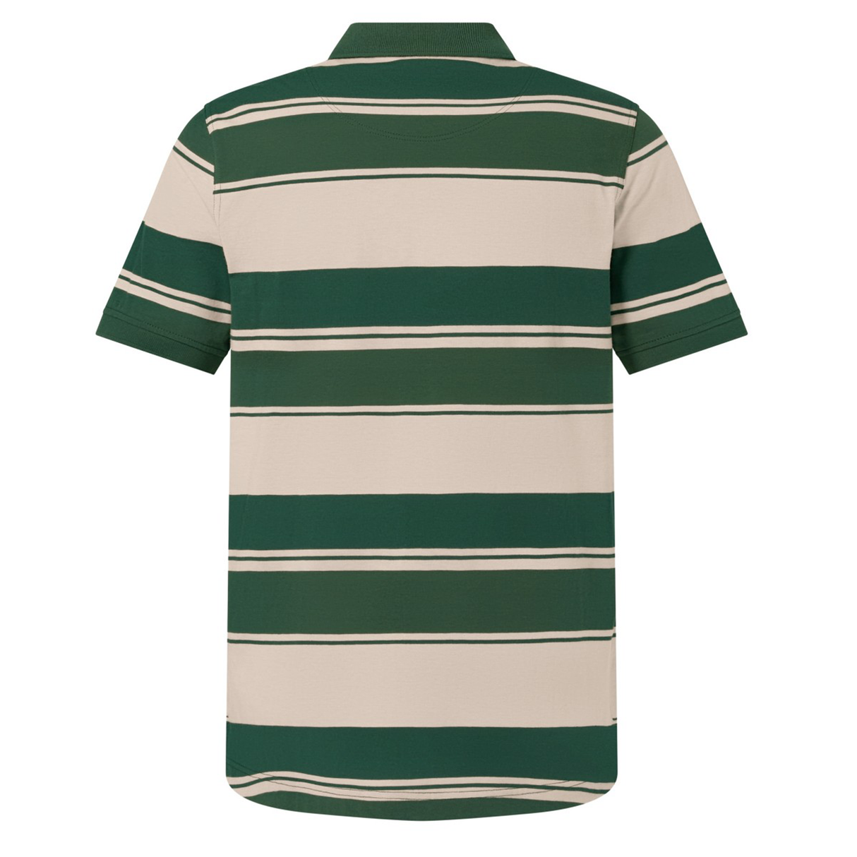 The Canterbury Yarn Stripe Polo by Canterbury is a short-sleeve rugby polo featuring wide green and beige horizontal stripes in classic rugby style, shown from the back.