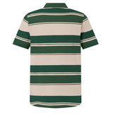 The Canterbury Yarn Stripe Polo by Canterbury is a short-sleeve rugby polo featuring wide green and beige horizontal stripes in classic rugby style, shown from the back.