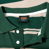 A close-up of the Canterbury Yarn Stripe Polo from Canterbury in green and beige, showcasing its classic rugby style with a detailed view of the collar, buttons, and "2XL" size label.