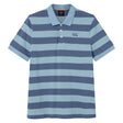 The Canterbury Yarn Stripe Polo by Canterbury is a short-sleeved rugby polo shirt featuring wide horizontal blue and light blue stripes, a traditional collar, and three white buttons on the placket, capturing the classic rugby style.