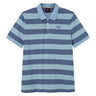 The Canterbury Yarn Stripe Polo by Canterbury is a short-sleeved rugby polo shirt featuring wide horizontal blue and light blue stripes, a traditional collar, and three white buttons on the placket, capturing the classic rugby style.