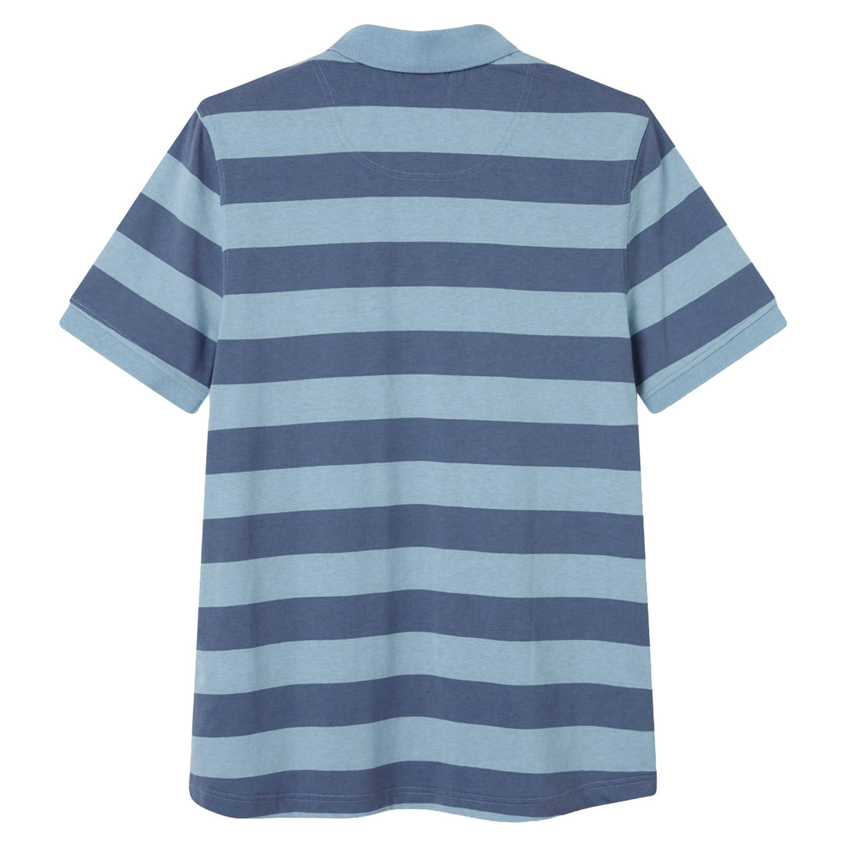 Light blue and navy blue horizontal striped short-sleeve Canterbury Yarn Stripe Polo by Canterbury, shown from the back against a white background, featuring the classic rugby style.
