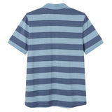 Light blue and navy blue horizontal striped short-sleeve Canterbury Yarn Stripe Polo by Canterbury, shown from the back against a white background, featuring the classic rugby style.