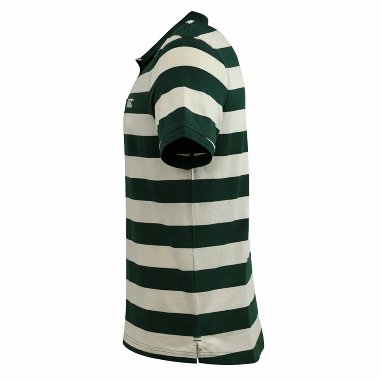 Side view of the Canterbury Yarn Stripe Polo by Canterbury, showcasing wide green and white horizontal stripes and a classic rugby-style collar.
