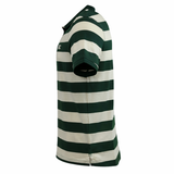 Side view of the Canterbury Yarn Stripe Polo by Canterbury, showcasing wide green and white horizontal stripes and a classic rugby-style collar.