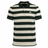 The Canterbury Yarn Stripe Polo by Canterbury features green and white horizontal stripes, a collar, button placket, short sleeves, and an embroidered left chest logo for a classic rugby-inspired look.