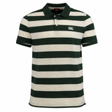 The Canterbury Yarn Stripe Polo by Canterbury features green and white horizontal stripes, a collar, button placket, short sleeves, and an embroidered left chest logo for a classic rugby-inspired look.