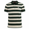 The Canterbury Yarn Stripe Polo by Canterbury features green and white horizontal stripes, a collar, button placket, short sleeves, and an embroidered left chest logo for a classic rugby-inspired look.
