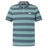 The Canterbury Yarn Stripe Polo by Canterbury features short sleeves, a collar, teal and gray horizontal stripes, and a white logo on the left chest—ideal for fans of classic rugby style.