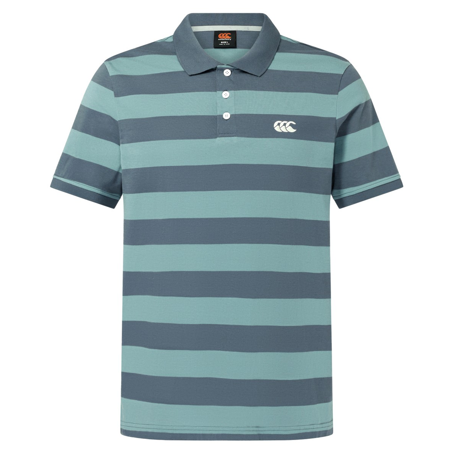 The Canterbury Yarn Stripe Polo by Canterbury features short sleeves, a collar, teal and gray horizontal stripes, and a white logo on the left chest—ideal for fans of classic rugby style.