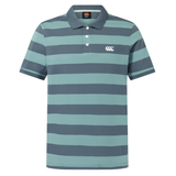 The Canterbury Yarn Stripe Polo by Canterbury features short sleeves, a collar, teal and gray horizontal stripes, and a white logo on the left chest—ideal for fans of classic rugby style.