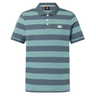 The Canterbury Yarn Stripe Polo by Canterbury features short sleeves, a collar, teal and gray horizontal stripes, and a white logo on the left chest—ideal for fans of classic rugby style.