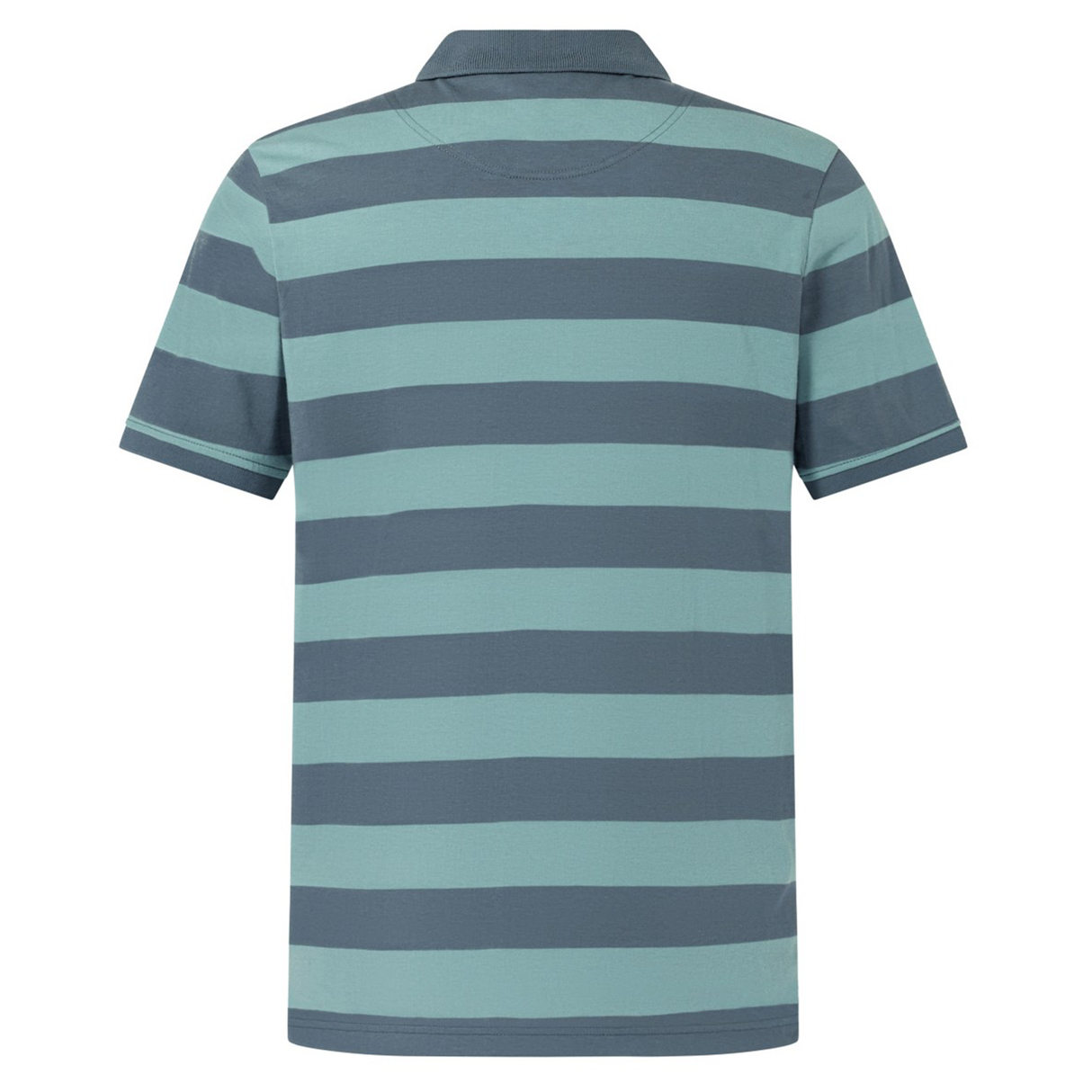 The Canterbury Yarn Stripe Polo by Canterbury features horizontal teal and gray stripes in a classic rugby style, shown from the back with short sleeves.