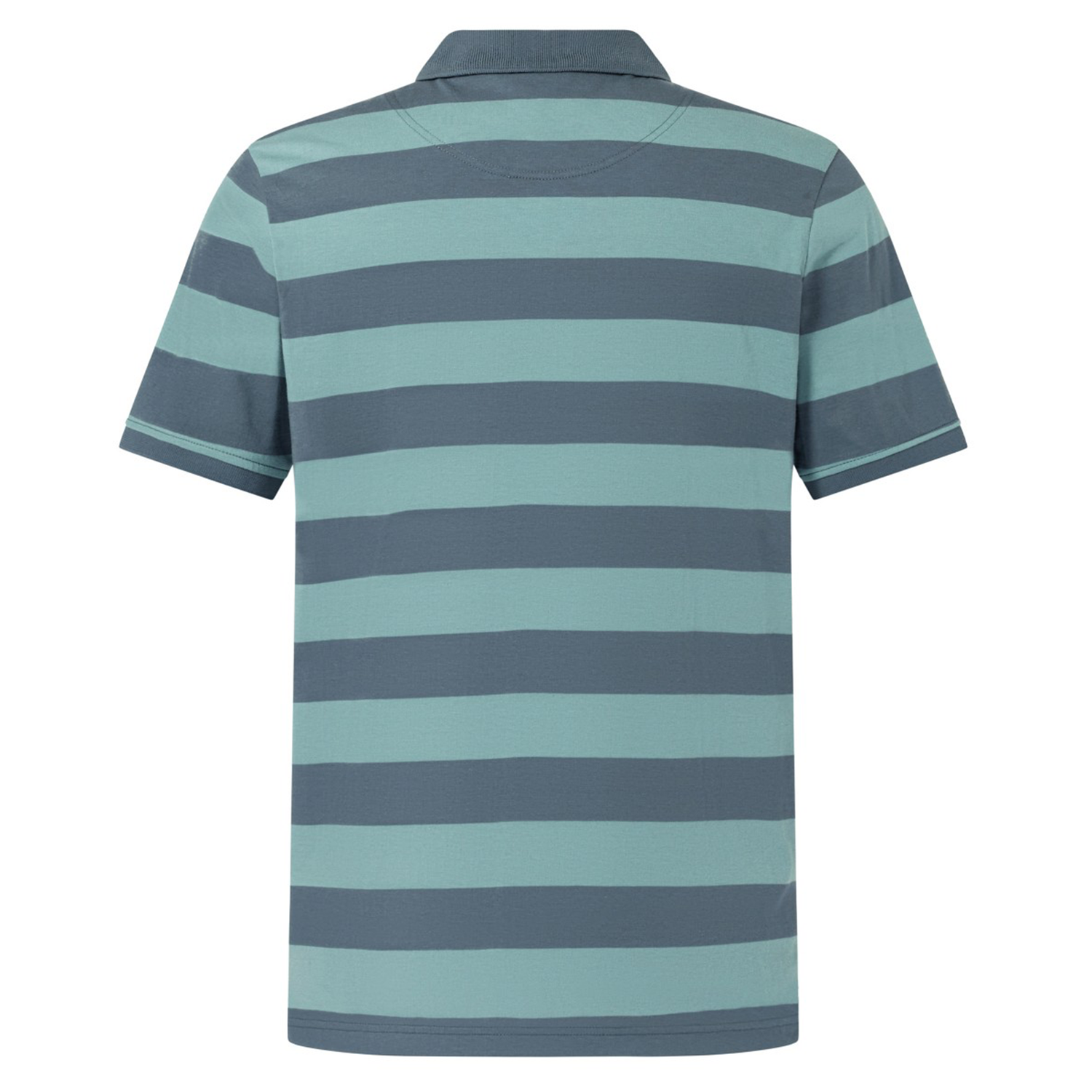 The Canterbury Yarn Stripe Polo by Canterbury features horizontal teal and gray stripes in a classic rugby style, shown from the back with short sleeves.