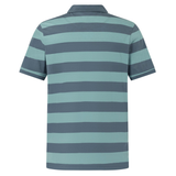 The Canterbury Yarn Stripe Polo by Canterbury features horizontal teal and gray stripes in a classic rugby style, shown from the back with short sleeves.